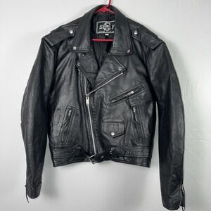 Vintage Shaf Black Leather Jacket - Motorcycle Biker Style, Size‎ 46 ✅